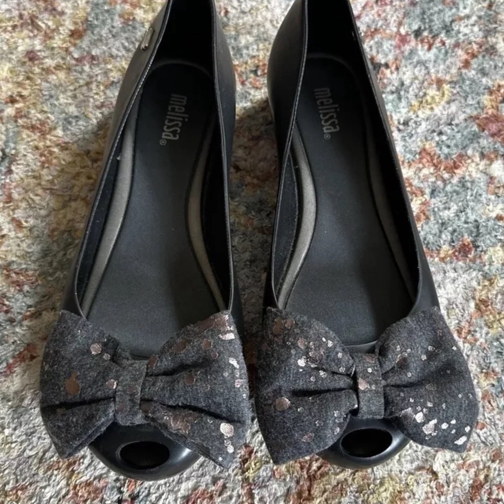 Melissa Girls Size 2 Black Flexible Ultragirl Sweet-Bow Ballerina Shoes Sparkle